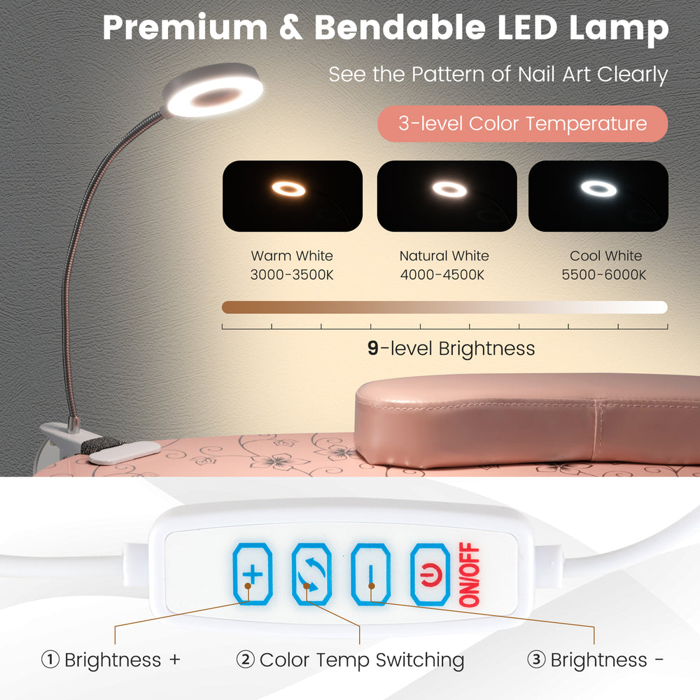 Bendable USB-plug LED table lamp with 3 color temperatures and 9 brightness levels for manicure nail table in pink.