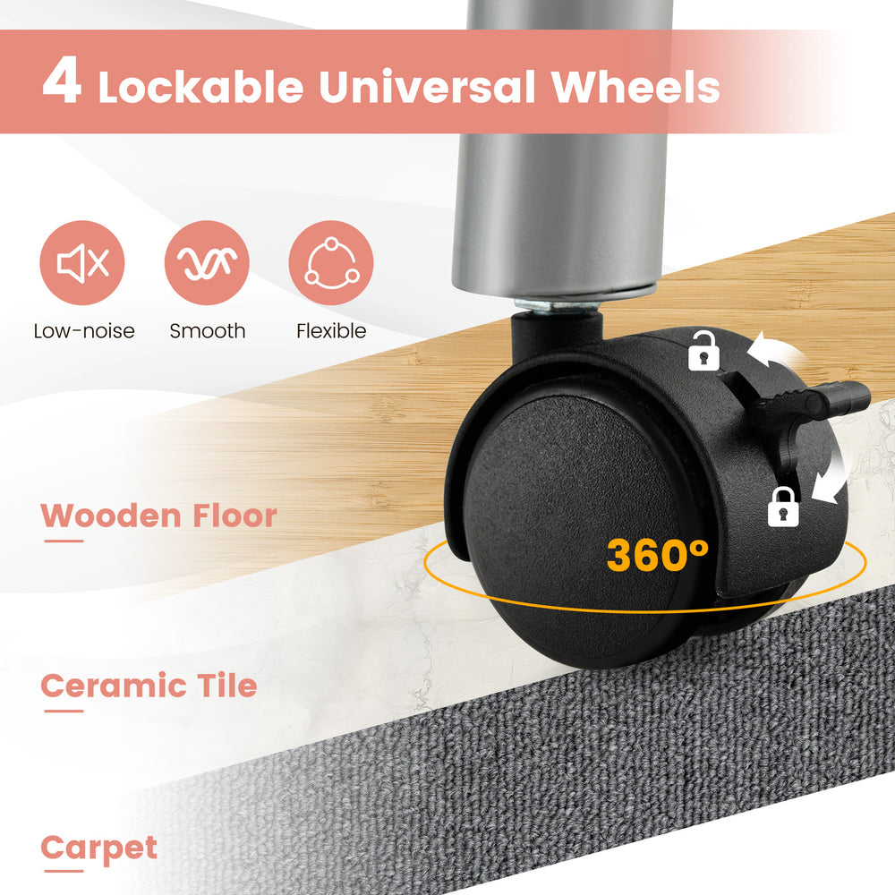 Close-up of the lockable universal wheels on the pink manicure nail table, designed for smooth movement on various.