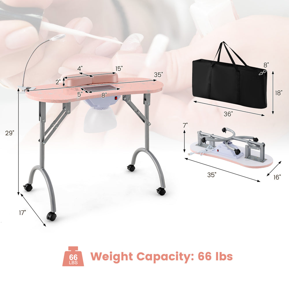 Manicure nail table in pink with bendable LED lamp, built-in dust collector, and 66 lbs weight capacity for easy use.