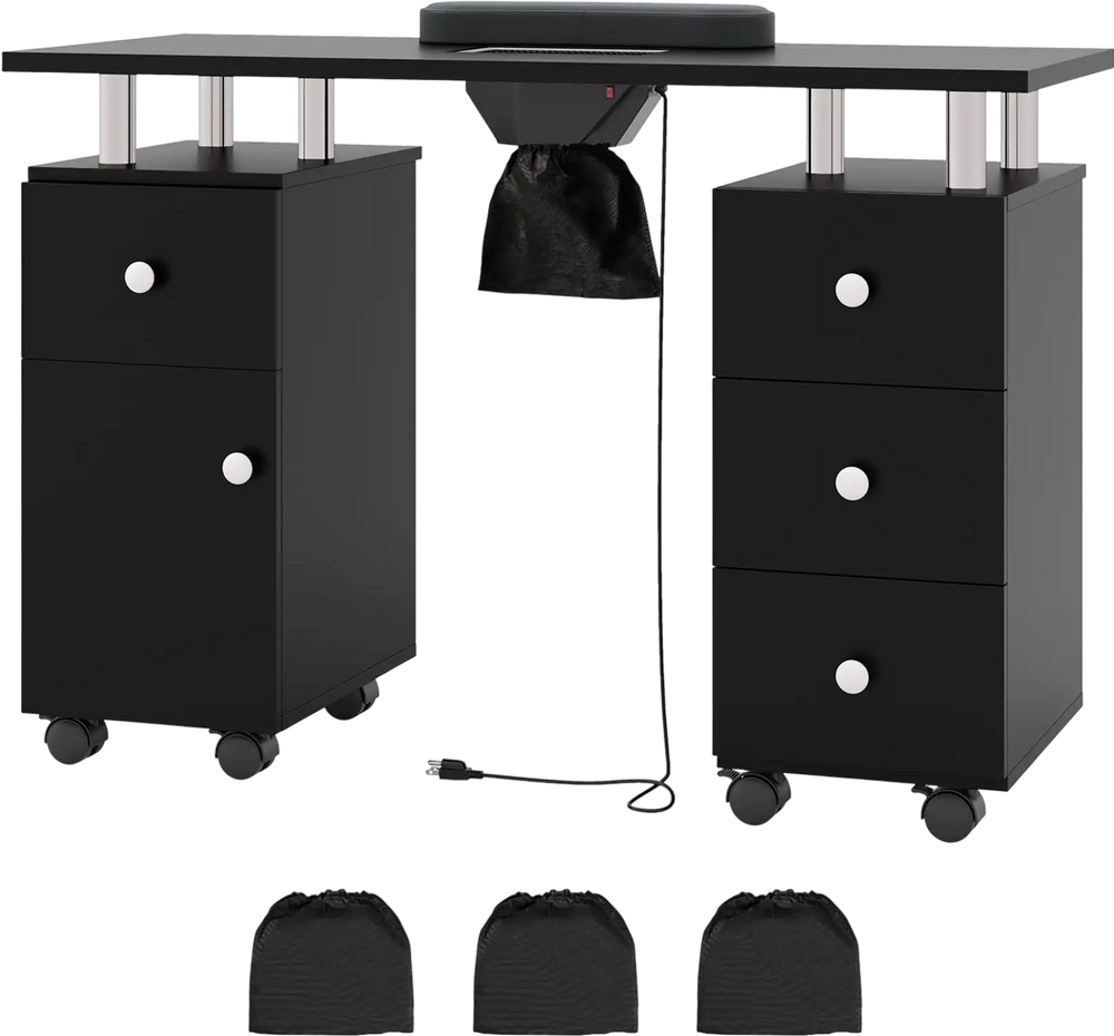 Manicure table with electric dust collector, 4 drawers, and 3 dust bags for a clean and organized workspace.