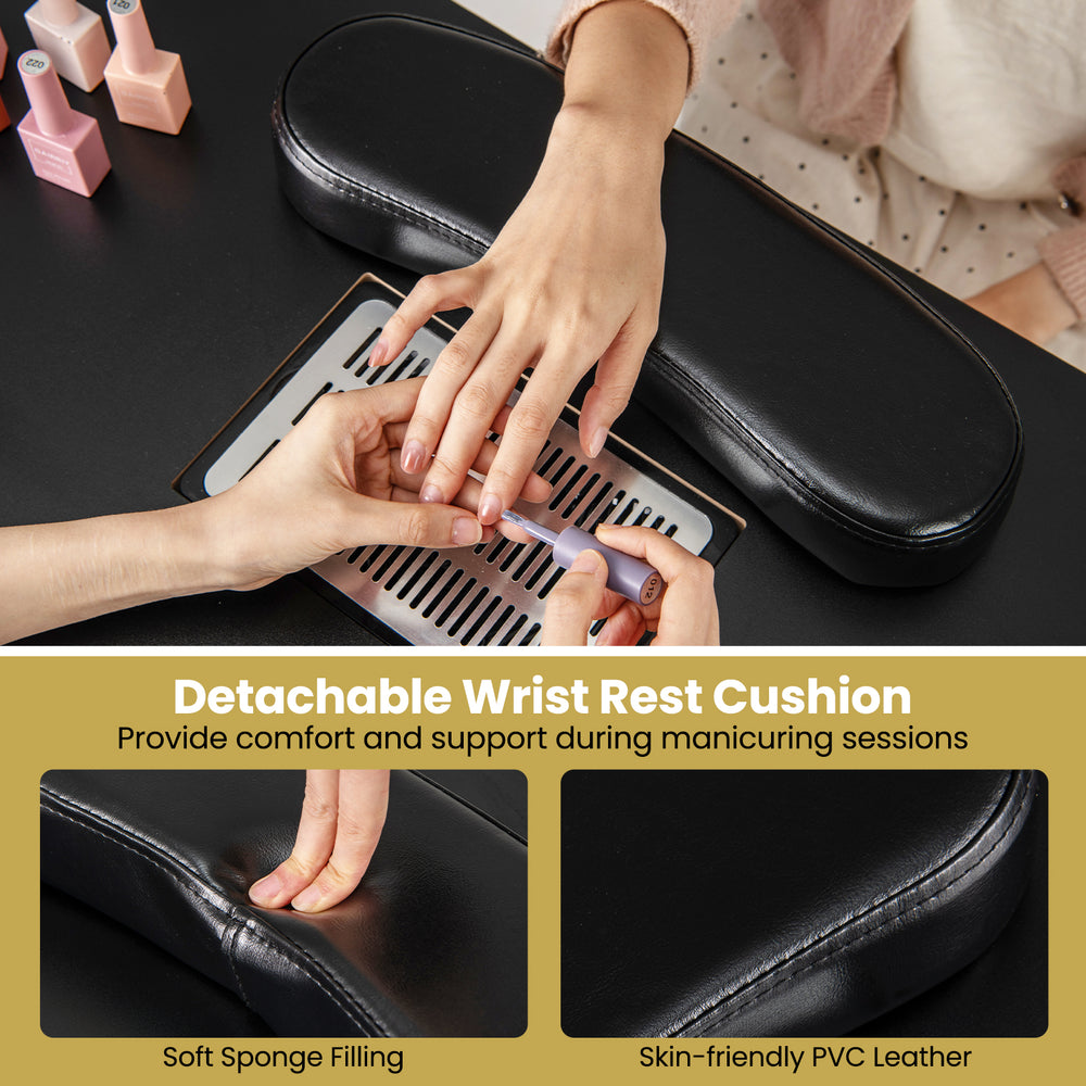 Detachable wrist rest cushion with soft sponge filling and PVC leather, providing comfort during manicuring sessions.