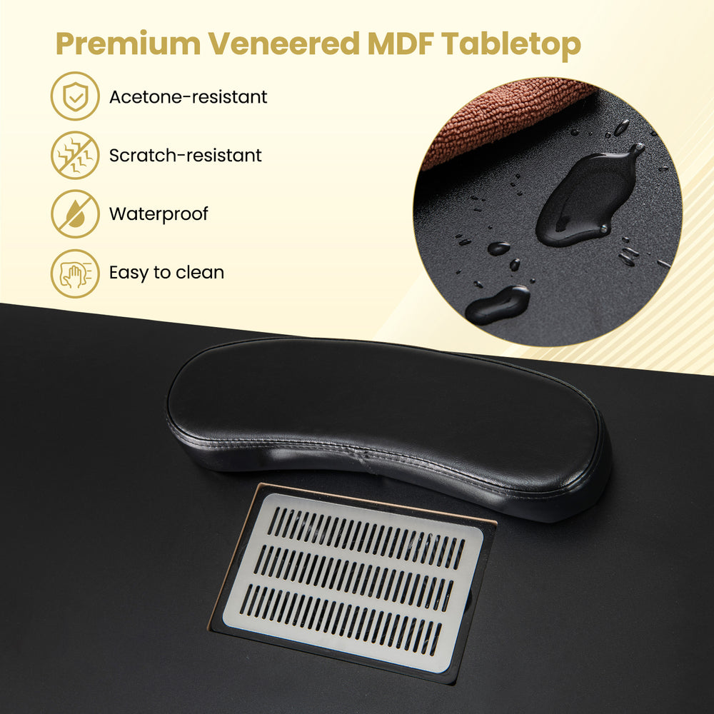 Close-up of the black MDF tabletop with a wrist rest, showcasing its acetone-resistant and waterproof features.