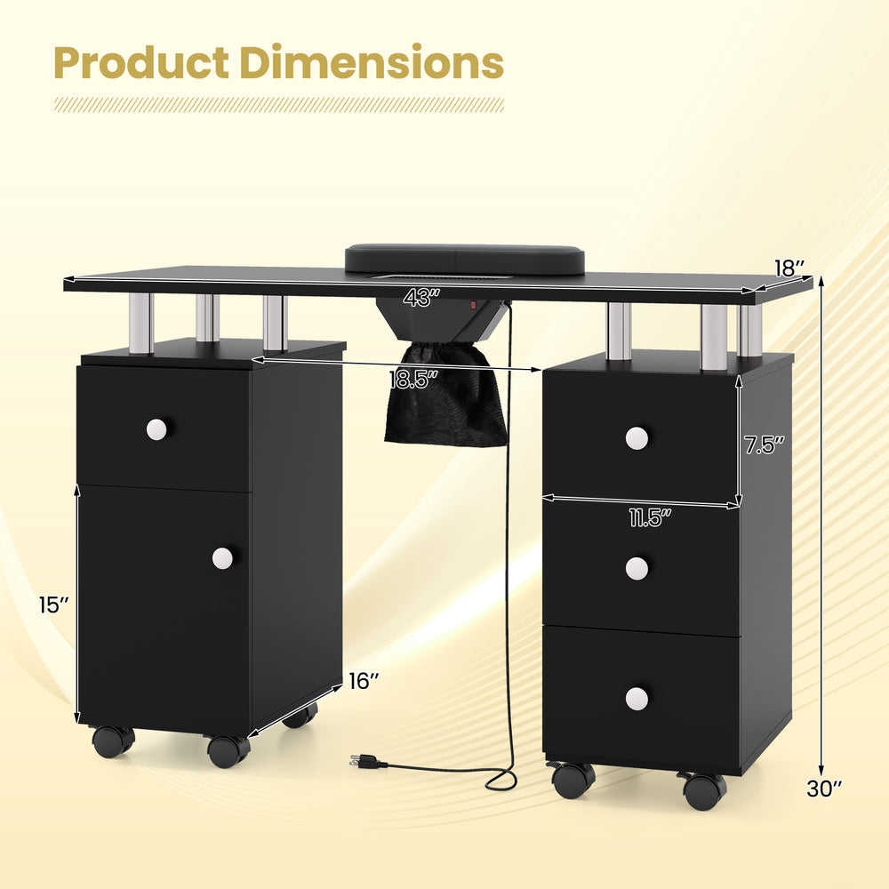 Manicure table with electric dust collector, 3 drawers, and 8 rolling wheels for easy mobility and organization.