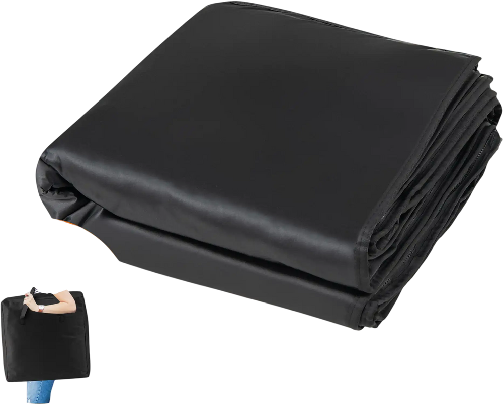 Foldable infrared sauna blanket in black with arm sleeves and carrying bag for easy storage and transportation.