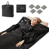 Infrared sauna blanket in black with arm sleeves, carry bag, and five disposable wraps for home relaxation and detox.
