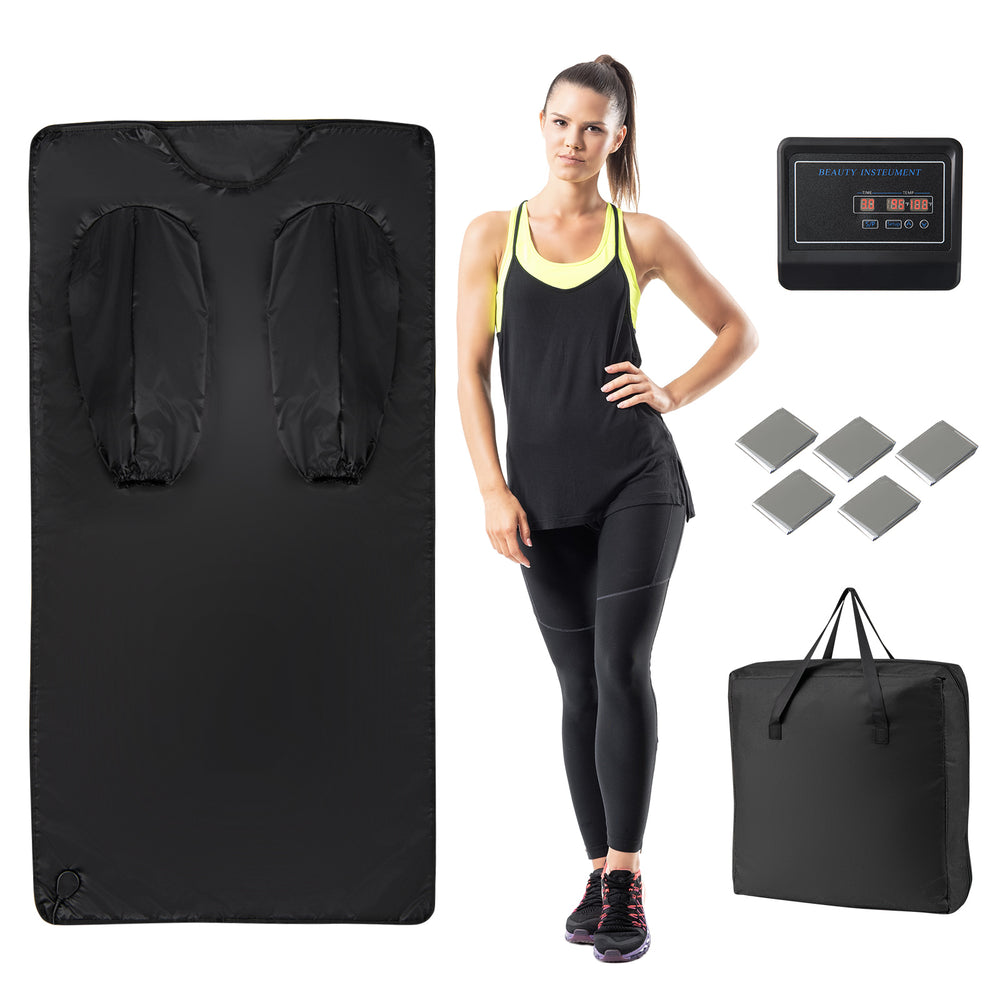 Infrared sauna blanket with arm sleeves, black, featuring 19 temperature settings and a carry bag for home use.
