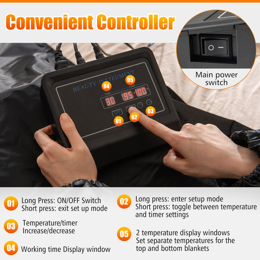 Infrared sauna blanket controller with temperature and timer settings for customized home wellness sessions.