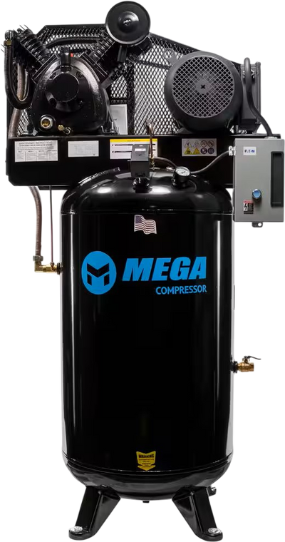 Mega Compressor Industrial Air Compressor 80 Gal. 180 PSI Mag Starter After Cooler Auto Drain 3 Phase 230V New