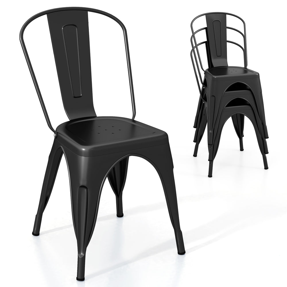 Black metal dining chair with removable backrest, stackable design, ideal for dining rooms and cafes.