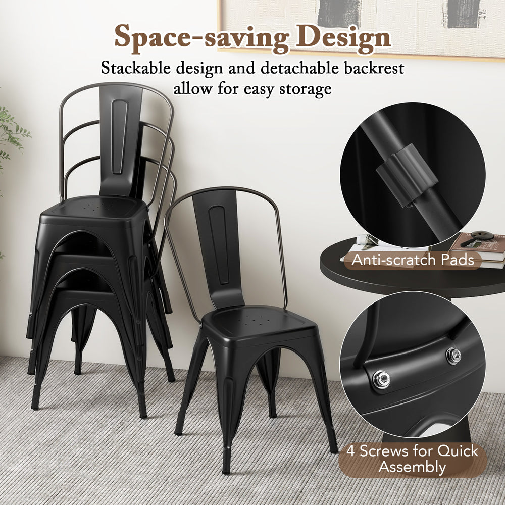 Stackable black metal dining chairs set of 4 with removable backrest, featuring anti-scratch pads for easy storage.