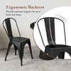 Black metal dining chair with ergonomic backrest, featuring a sturdy frame and stackable design for easy storage.