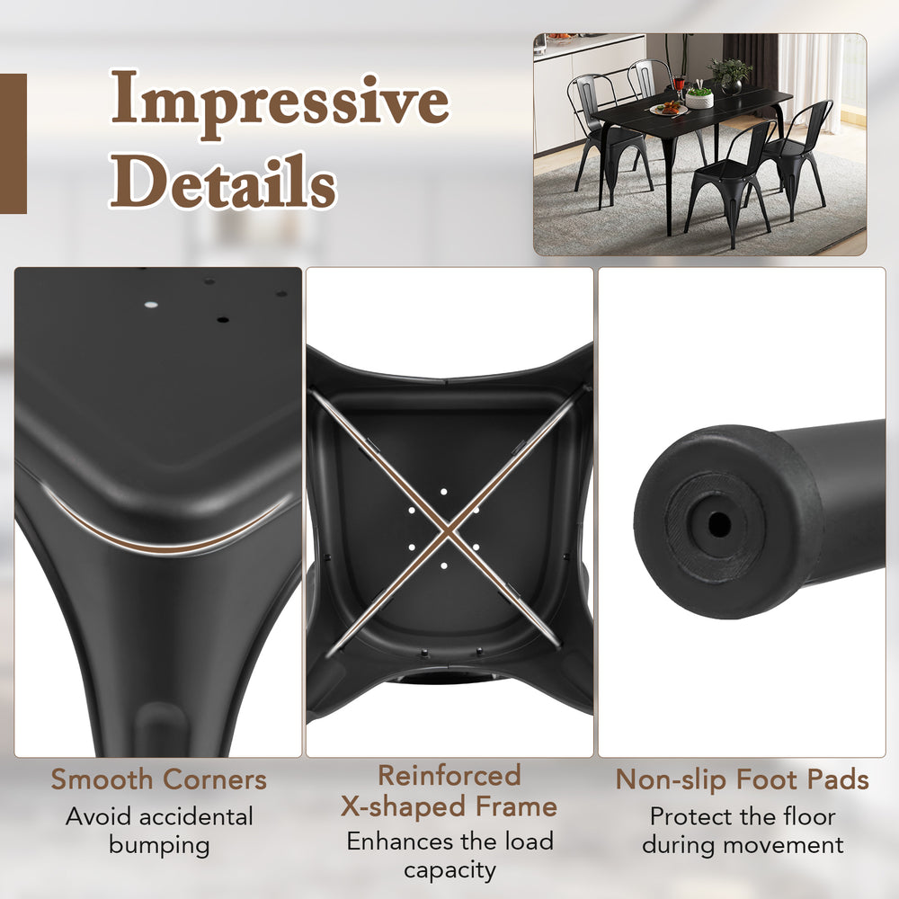 Close-up of a black metal dining chair showcasing smooth corners and a reinforced X-shaped frame for enhanced support.