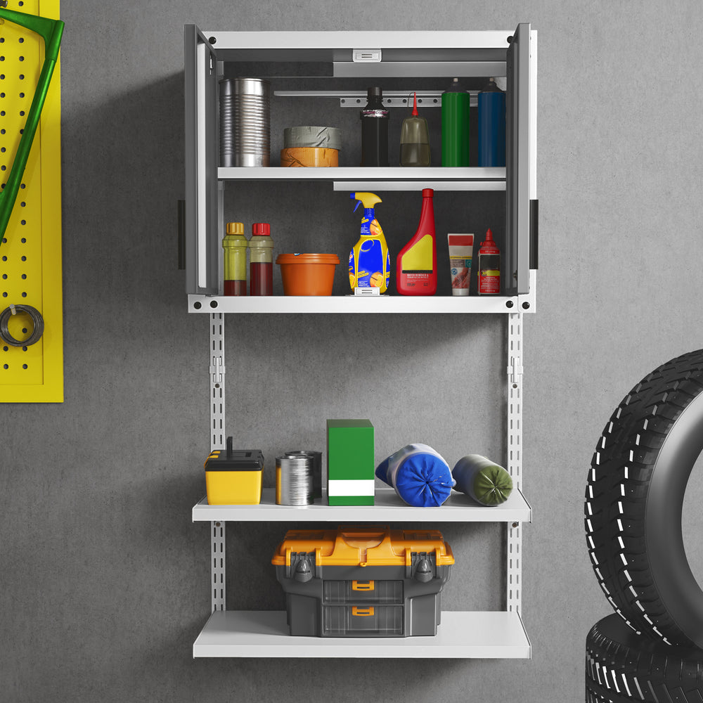 Metal wall cabinet with lock and adjustable shelves, featuring tools and cleaning supplies for organized storage.