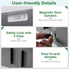 Close-up of the metal wall cabinet's safety lock with 2 keys and easy-to-grip handles for secure storage.