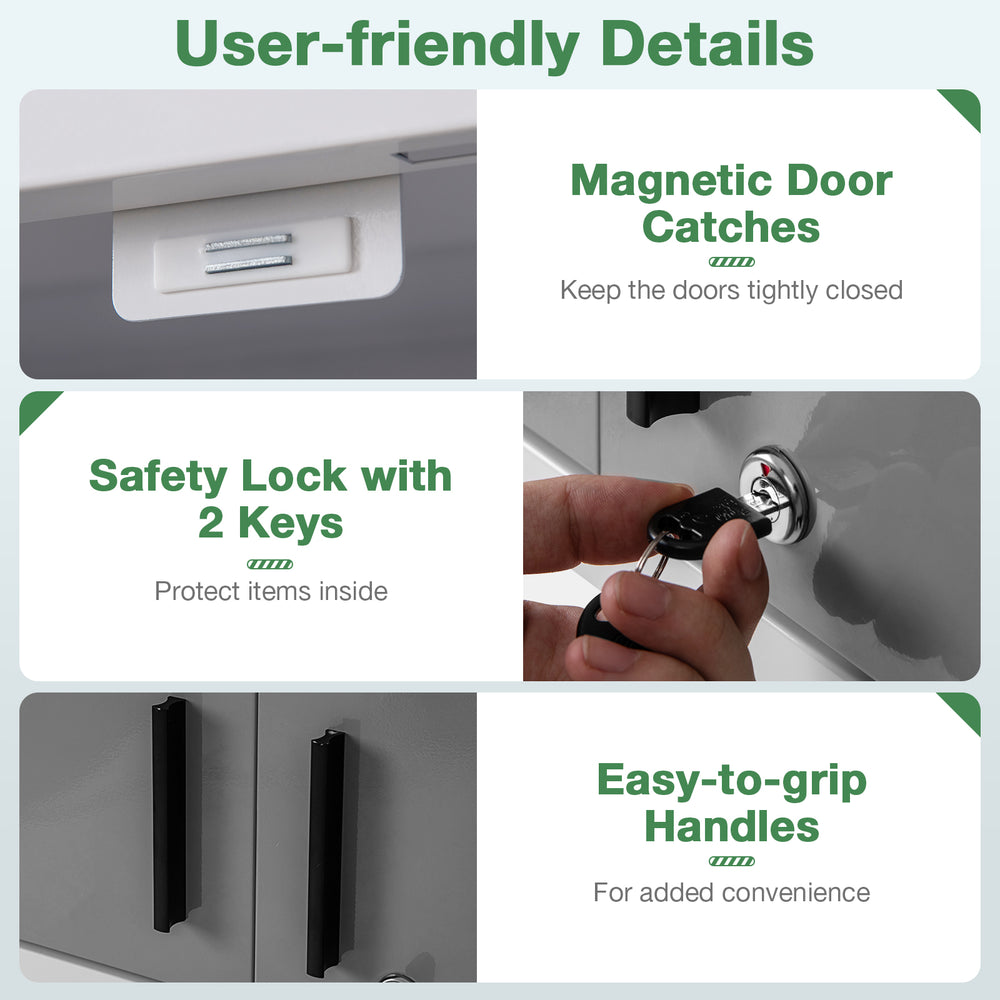 Close-up of the metal wall cabinet's safety lock with 2 keys and easy-to-grip handles for secure storage.