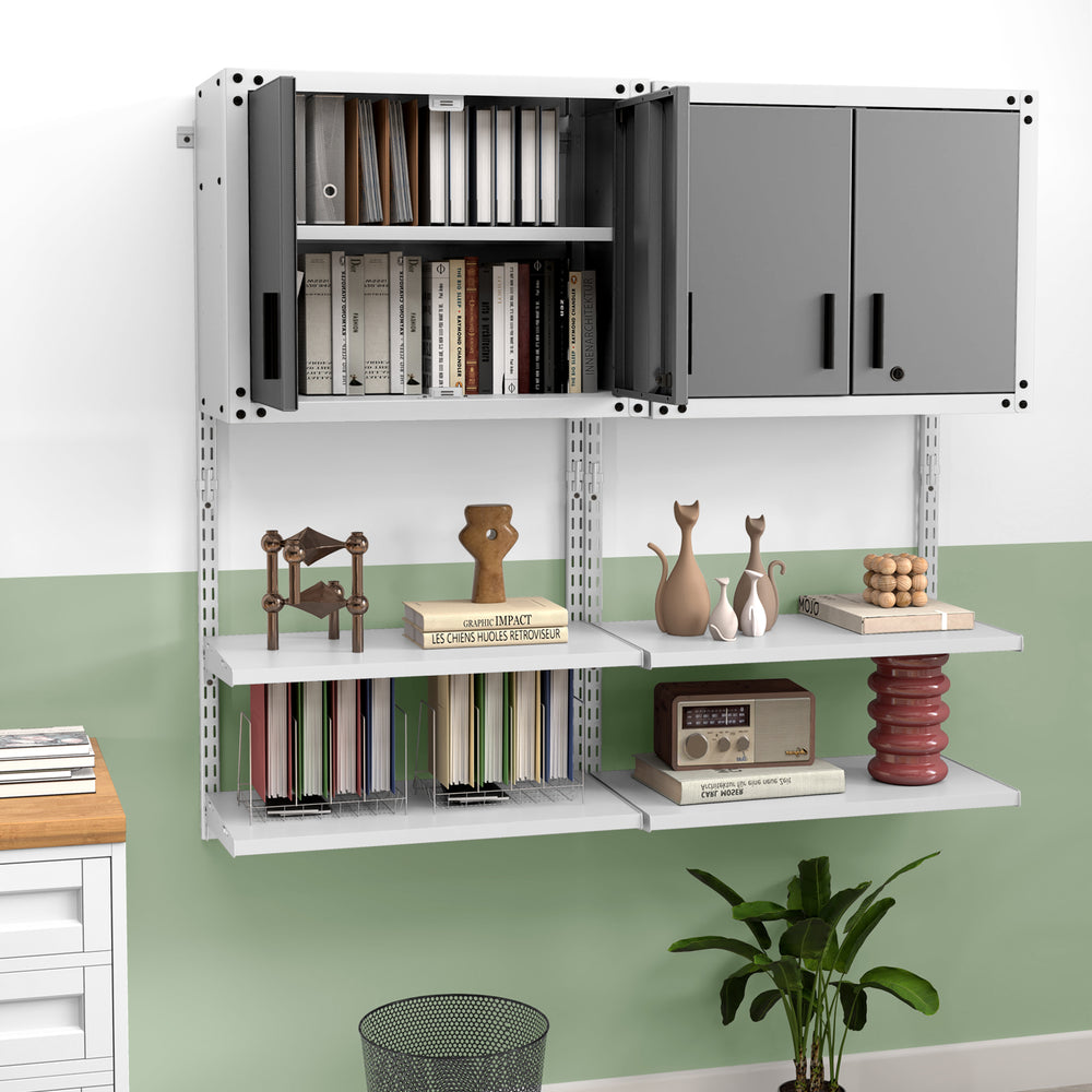 Metal wall cabinet with lock, featuring 3 adjustable shelves and two open shelves for versatile storage solutions.