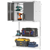 Metal wall cabinet with lock, 3 adjustable shelves, and tools organized on open shelves for versatile storage solutions.