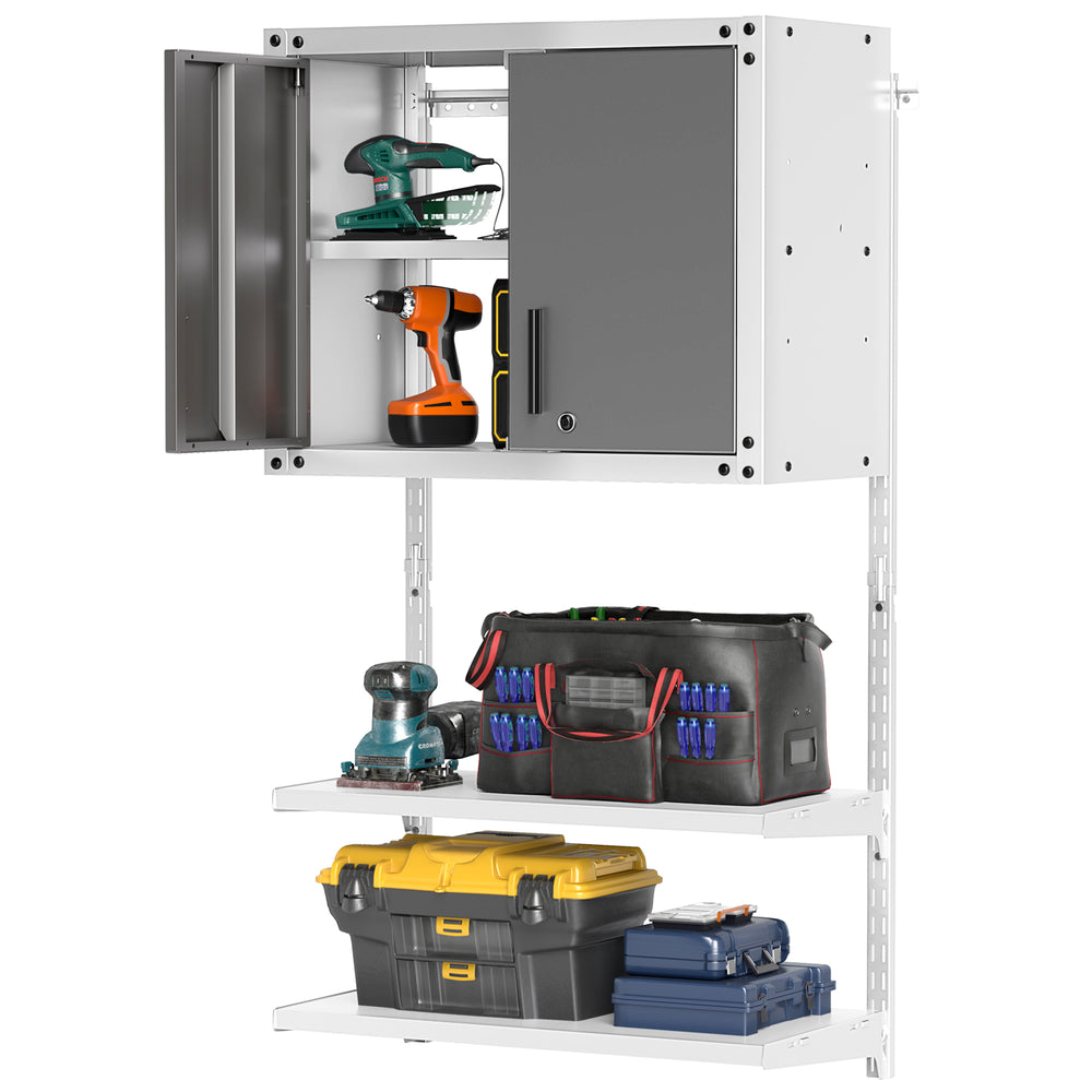 Metal wall cabinet with lock, 3 adjustable shelves, and tools organized on open shelves for versatile storage solutions.