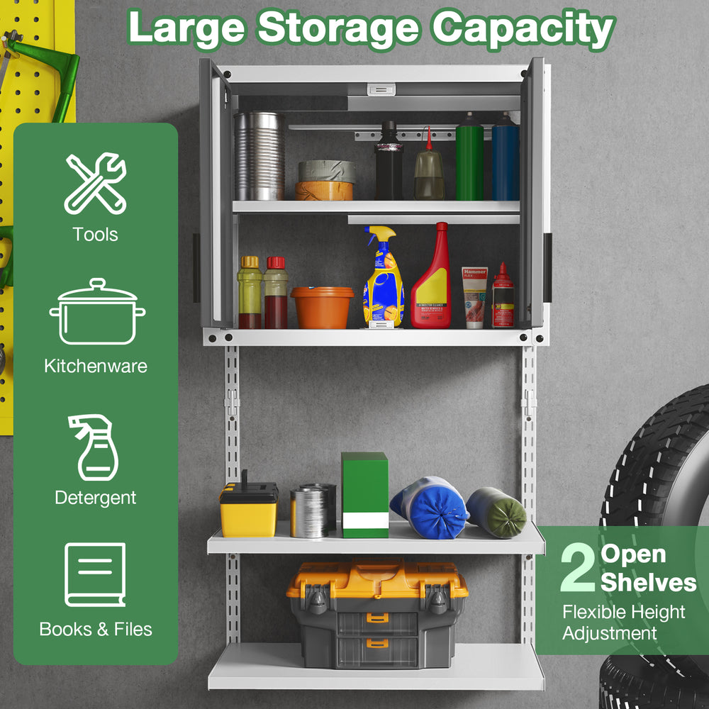 Metal wall cabinet with 3 adjustable shelves, large storage capacity for tools and kitchenware, featuring a safety lock.