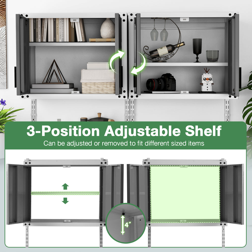 Metal wall cabinet with 3 adjustable shelves, featuring a safety lock and large storage capacity for versatile use.