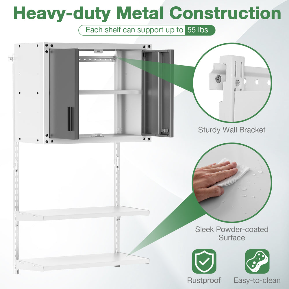 Metal wall cabinet with lock and adjustable shelves, featuring a rustproof finish and sturdy wall bracket for versatile.
