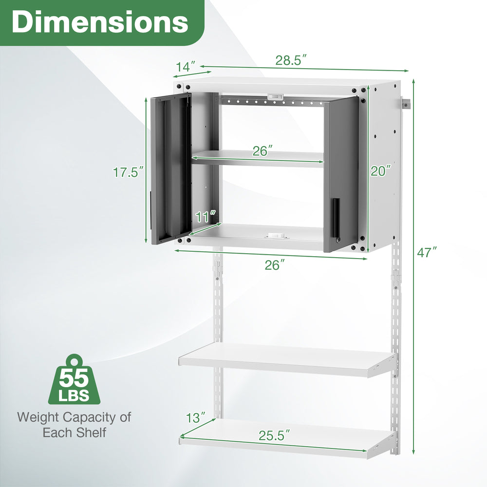 Metal wall cabinet with lock, featuring 3 adjustable shelves and dimensions for versatile storage solutions.