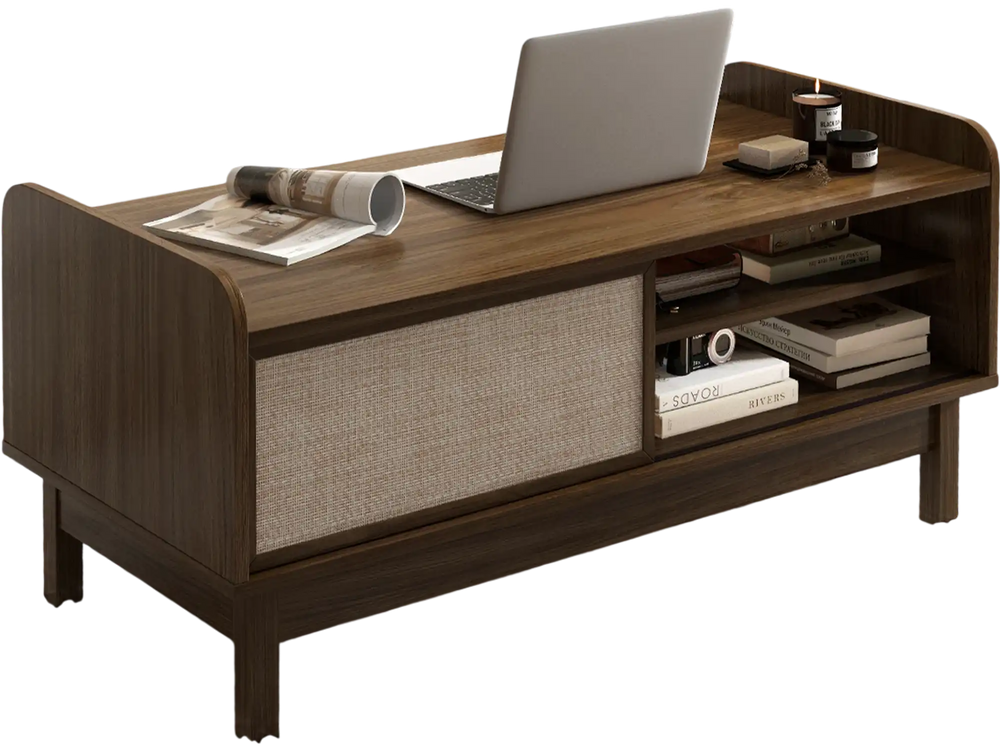 Mid-century center table in walnut with weaving sliding door, adjustable shelf, and smooth wood grain for stylish.