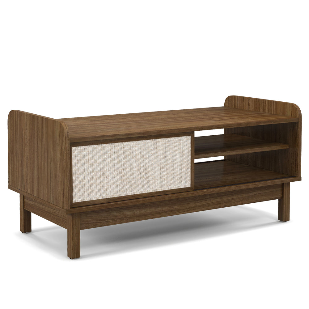 Mid-century center table in walnut with weaving sliding door, adjustable shelf, and stable support legs for stylish.