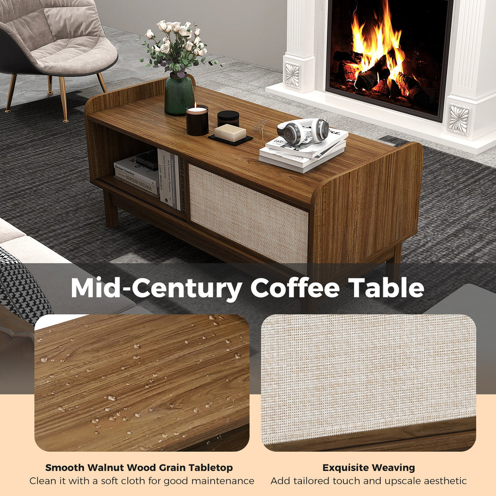 Mid-century coffee table in walnut with weaving sliding door, adjustable shelf, and smooth wood grain for stylish.