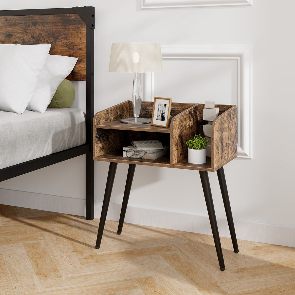 Mid Century Modern nightstand with open shelves, brown finish, featuring divided storage and heavy-duty metal legs.