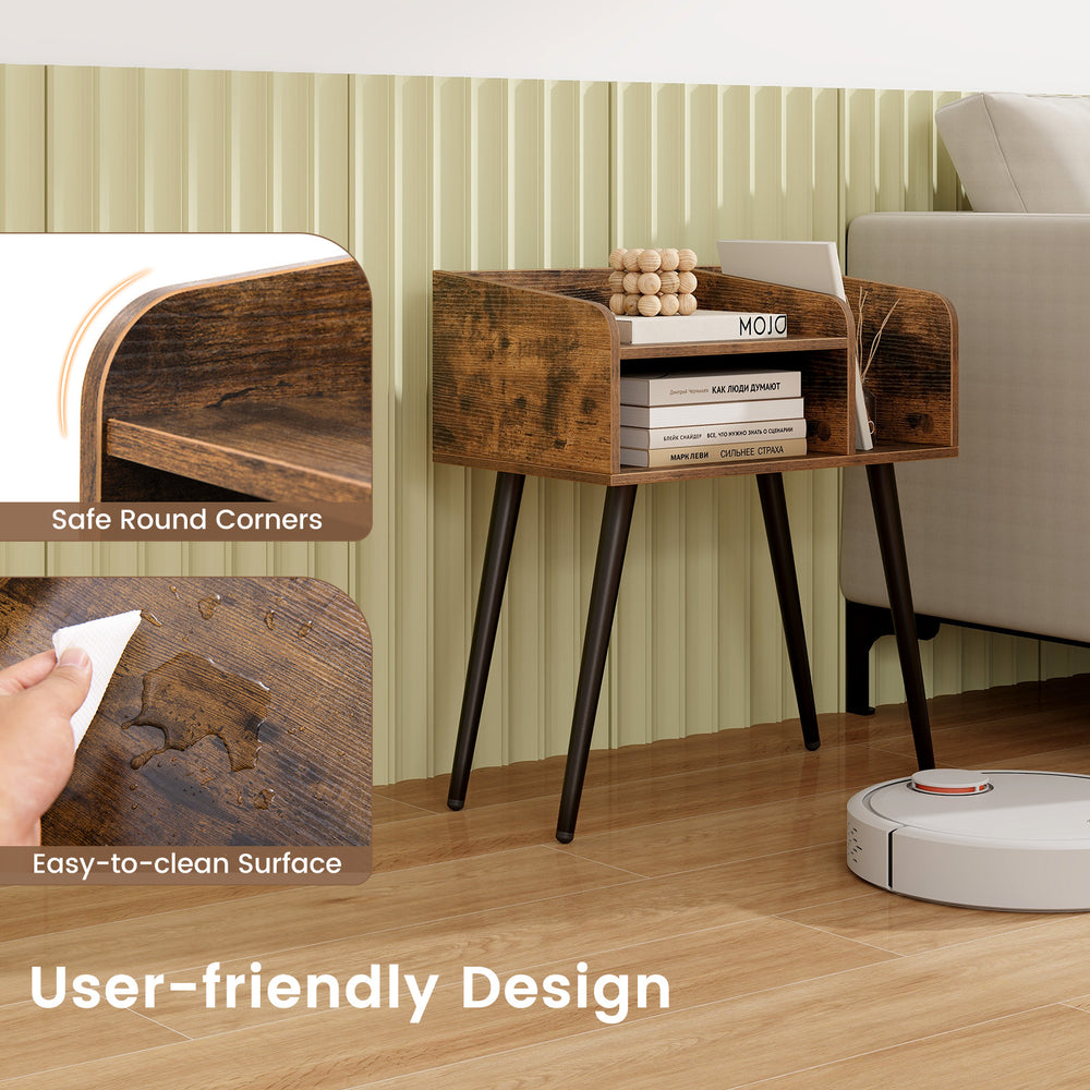 Mid Century Modern nightstand in brown with open shelves, featuring rounded corners and easy-to-clean surface for.