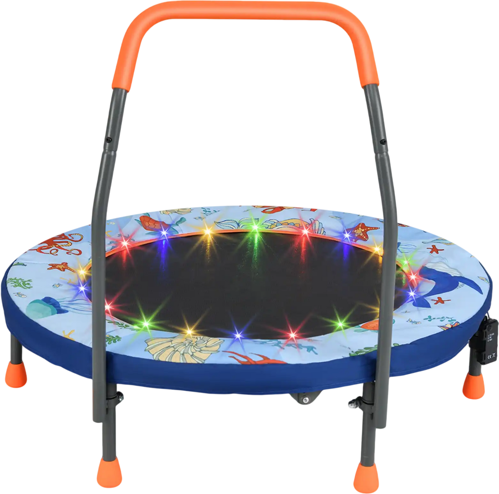 Mini trampoline for kids with LED lights, padded safety cover, and foam handrail for safe indoor play.