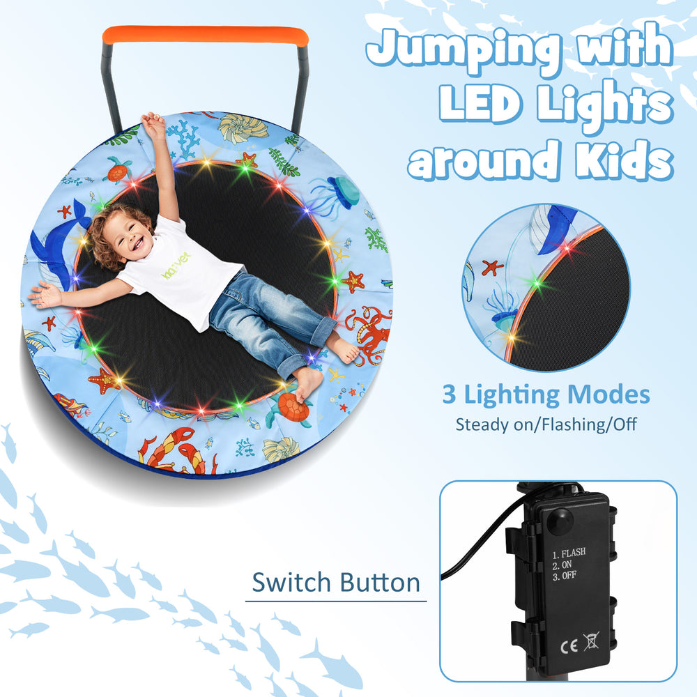Mini trampoline for kids with LED lights, springless design, and padded safety cover for safe, active play.