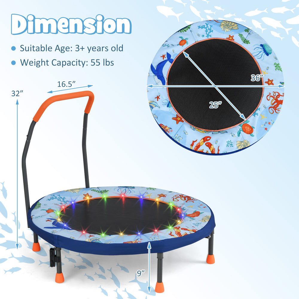 Mini trampoline for kids with LED lights, springless design, and padded safety cover, ideal for active play indoors.