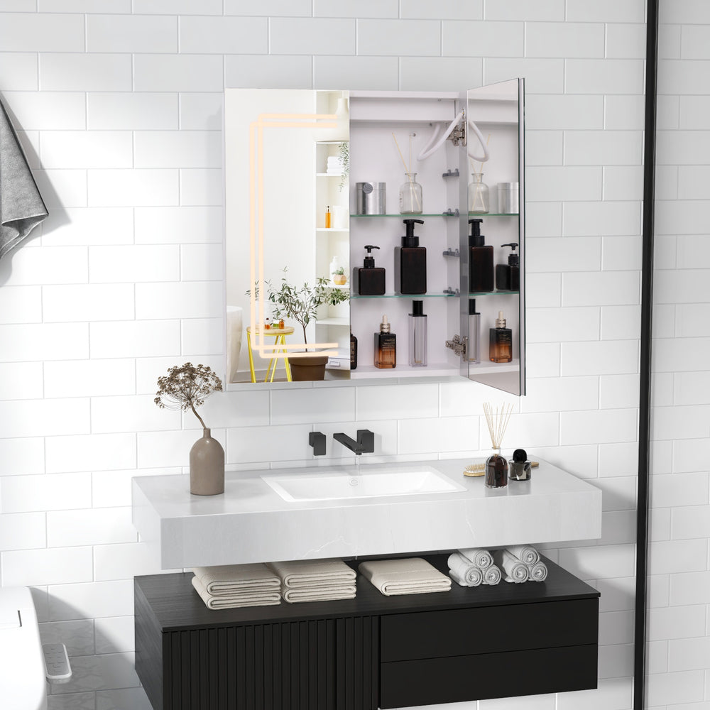 Double-sided HD mirror cabinet with lights, adjustable shelves, and anti-fog function for stylish bathroom storage.