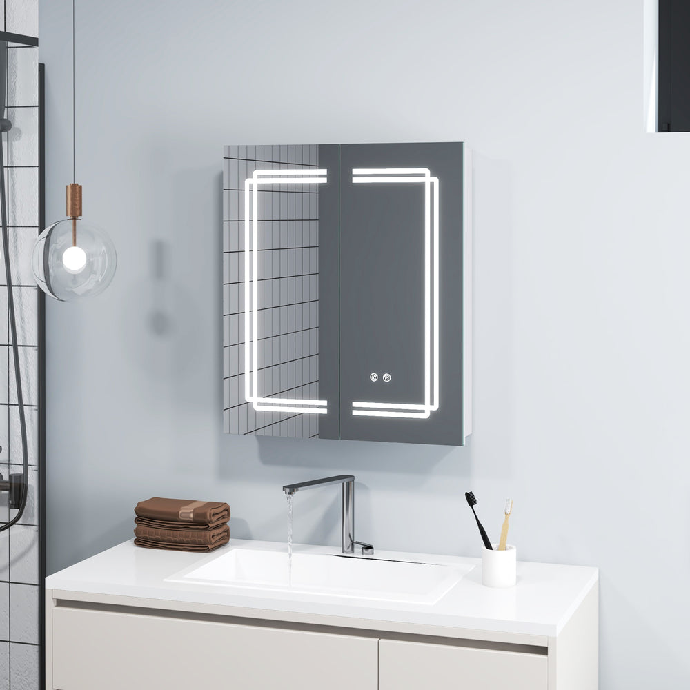Double-sided HD bathroom mirror cabinet with lights, adjustable shelves, and anti-fog function for daily routines.