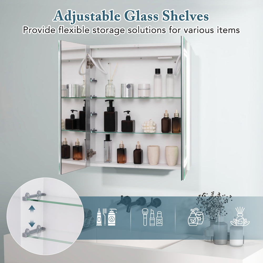 Adjustable glass shelves in a double-sided mirror cabinet for customizable storage in bathrooms, featuring soft-closing.