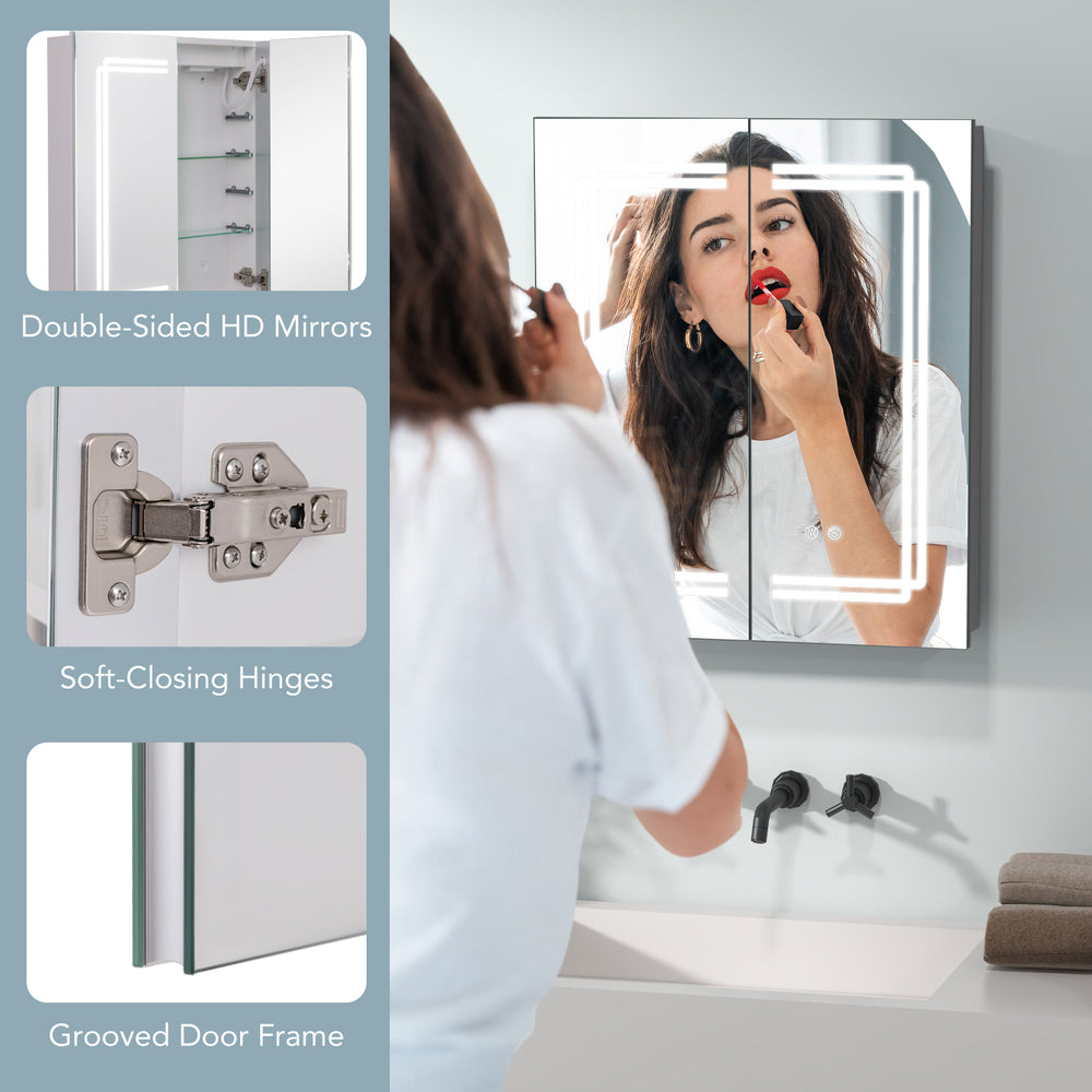 Double-sided HD mirror cabinet with lights, soft-closing hinges, and adjustable shelves for bathroom convenience.