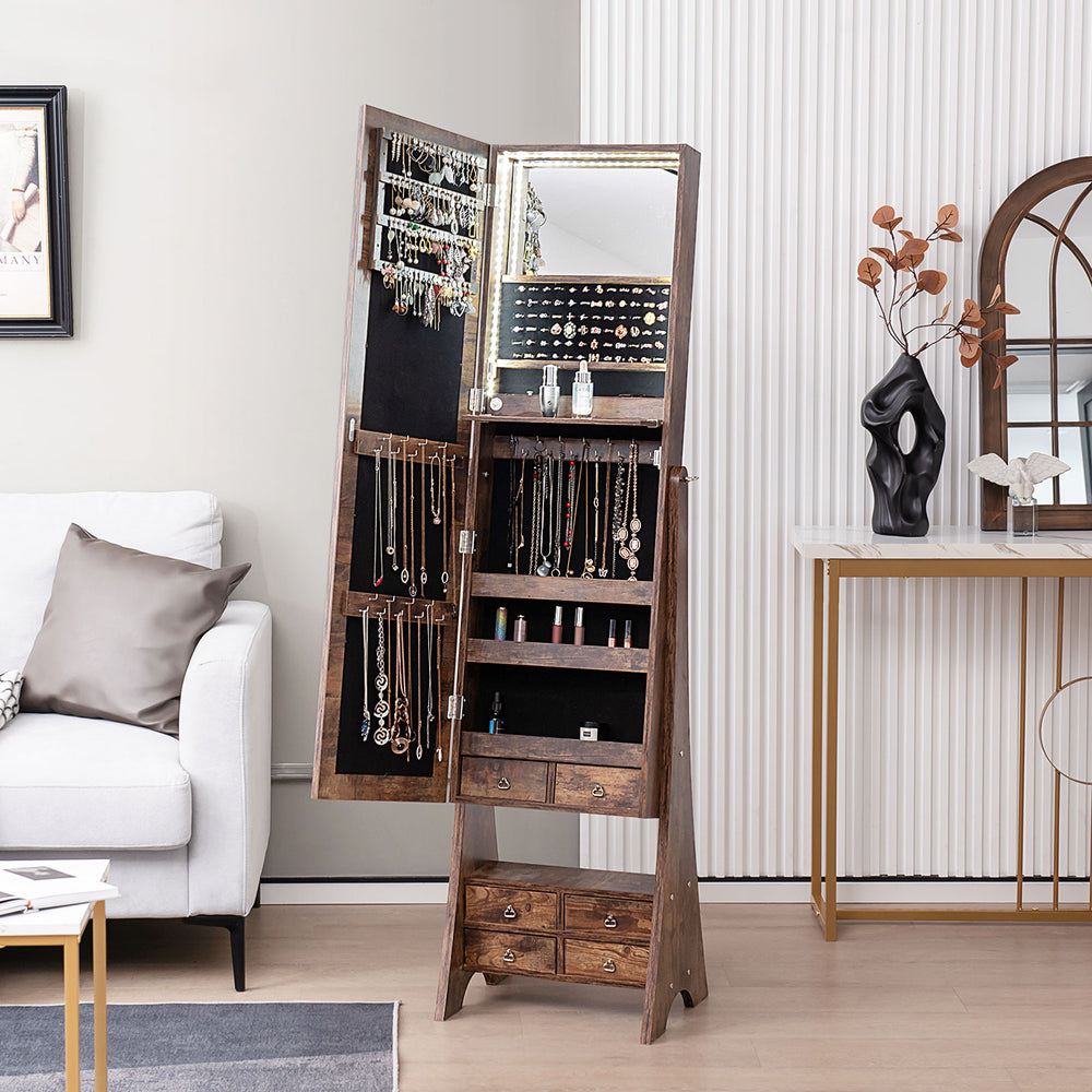 Freestanding Full Length LED Mirrored Jewelry Armoire with 6 Drawers-Rustic Brown - Gallery View 1 of 14