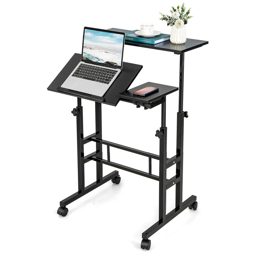Mobile stand-up computer desk in black with adjustable height and tilting surfaces, ideal for small spaces and easy.