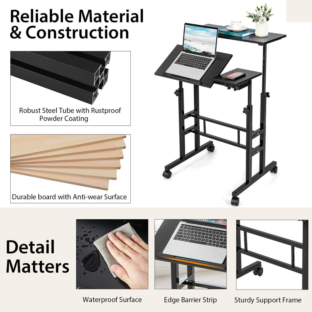 Mobile stand-up computer desk in black with adjustable tilting desktops, sturdy steel frame, and wheels for easy.