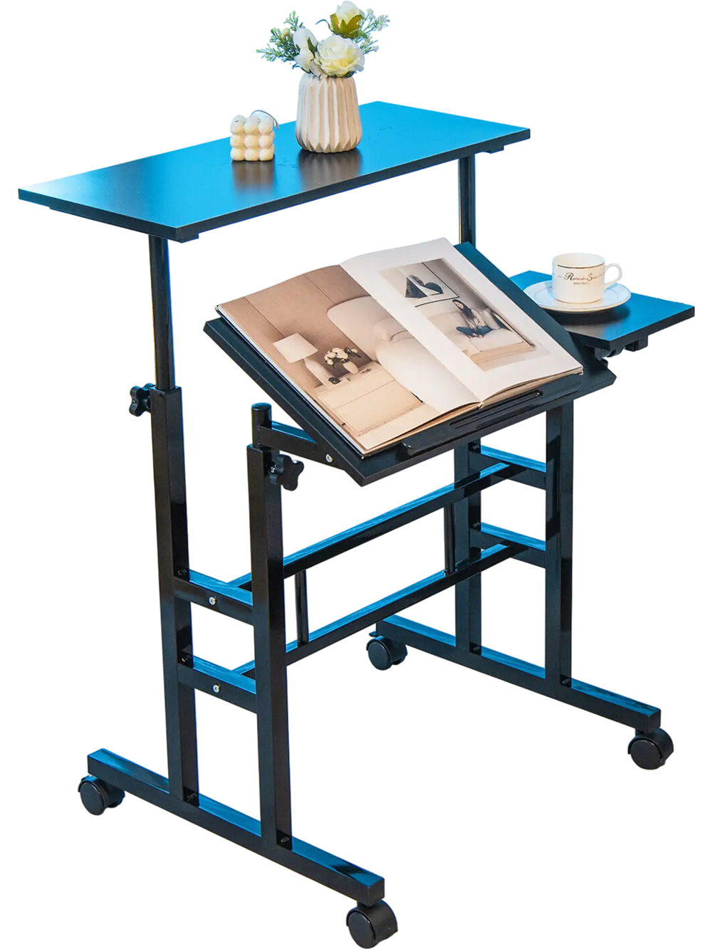 Mobile stand-up computer desk in black with adjustable tilting desktops, ideal for small spaces and versatile use.