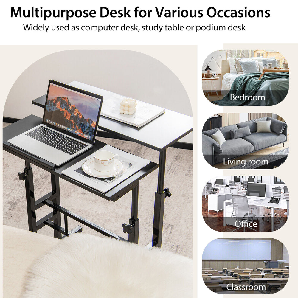 Mobile stand-up computer desk with adjustable tilting desktops in black, ideal for office, bedroom, or small spaces.