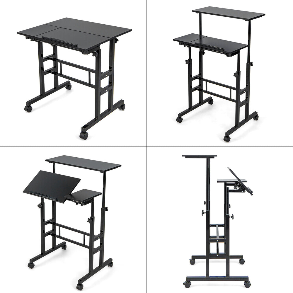 Mobile stand-up computer desk in black with adjustable height and tilting desktops, ideal for small spaces and.