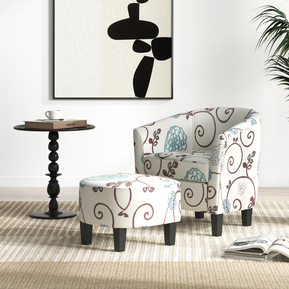 Modern accent tub chair and ottoman set with beige fabric upholstery, ideal for living room or office use.