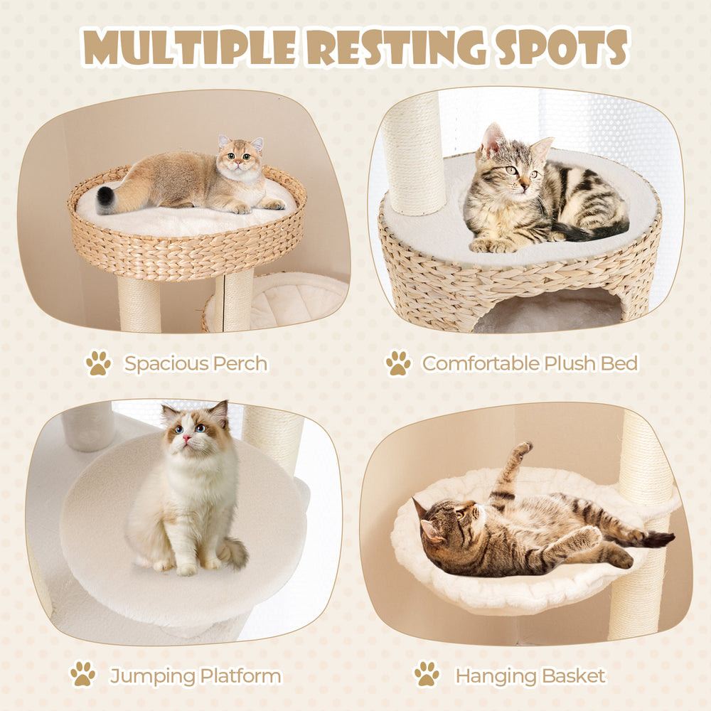 Spacious perch and hanging basket on a modern cat tree with plush bedding for indoor cats' comfort and play.