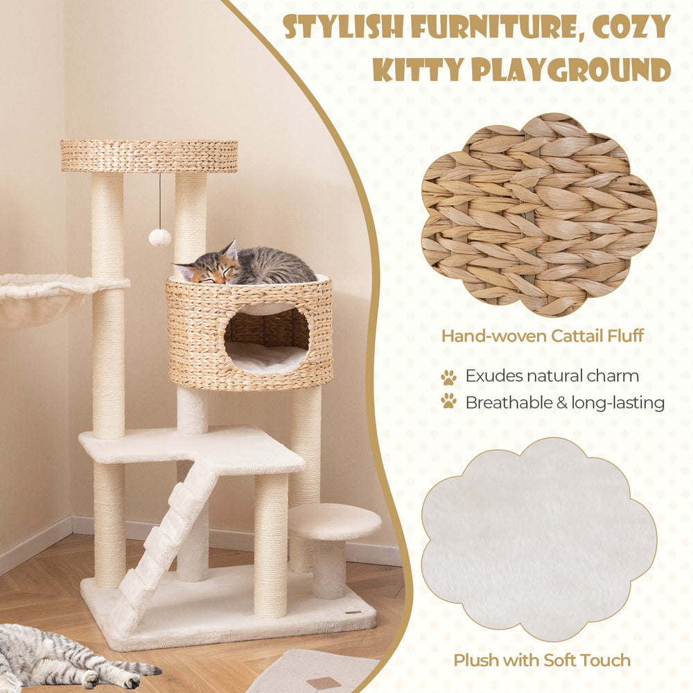 Modern cat tree featuring a spacious perch, hand-woven cattail fluff condo, and plush bed for indoor cats.