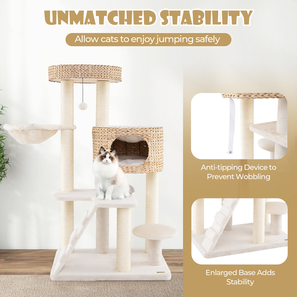 Modern cat tree featuring a spacious perch, cattail fluff condo, and anti-tipping design for safe jumping.
