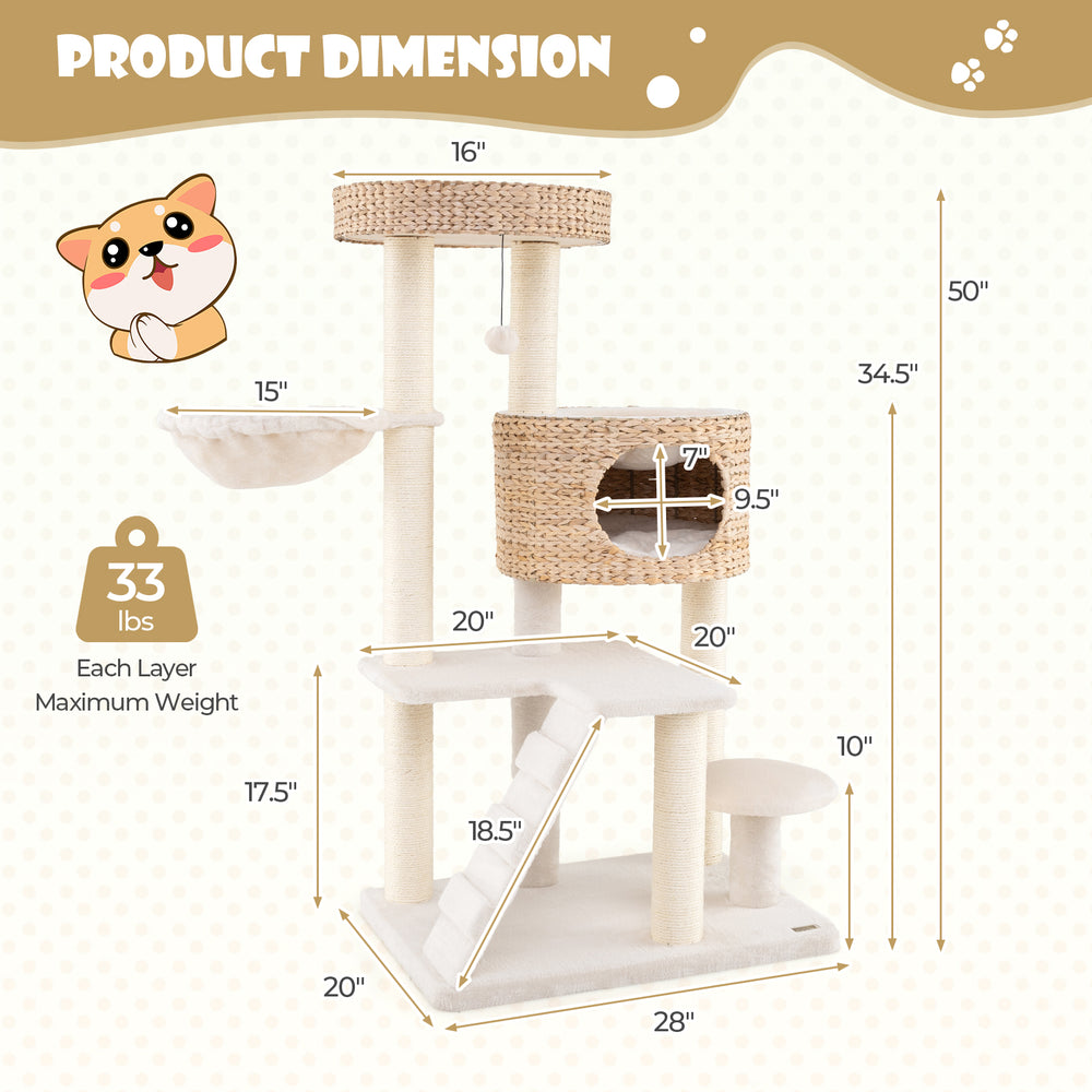 Dimensions of the Modern Cat Tree with natural cattail fluff condo, top perch, and multiple resting spots for indoor.