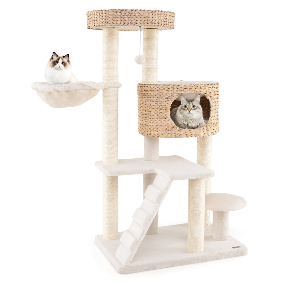 Modern cat tree featuring a spacious perch, hanging basket, and cozy condo, perfect for indoor cats' climbing and.